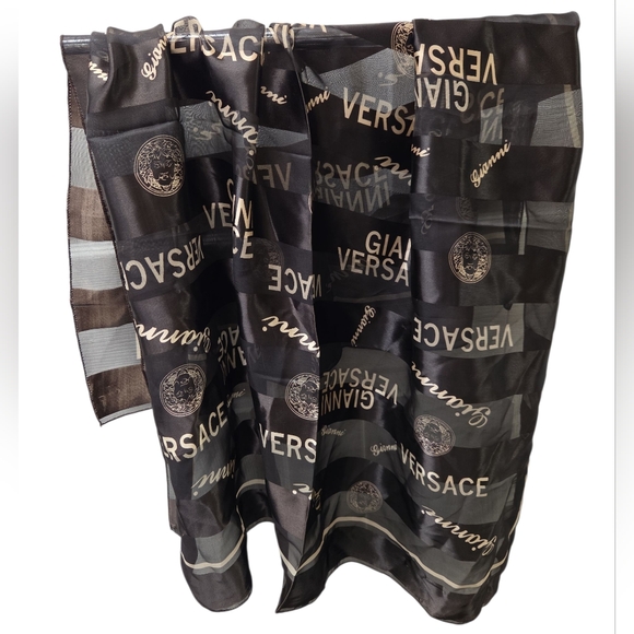 Versace Brown  and Gold Logo Silk Scarf 39"×40" - Picture 3 of 4